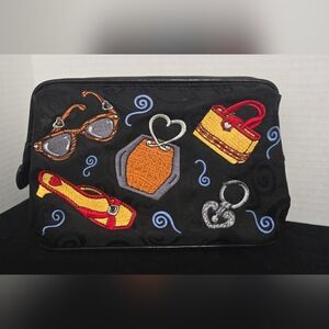 Vintage Brighton Black Canvas & Leather Plasic Lined Cosmetic Bag